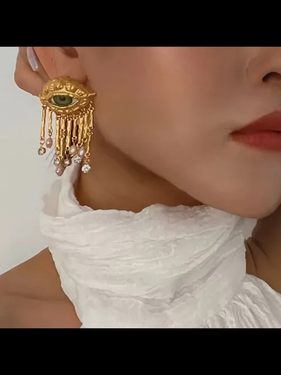 Gold Eye Drop Earrings with Green Iris and Pink Pearls - Picture 6 of 7